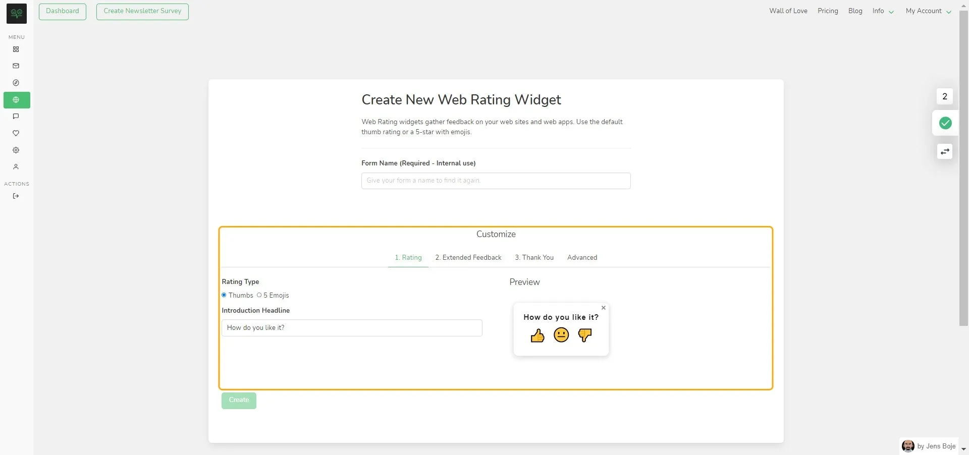 Customize: Rating tab - Choose a rating type