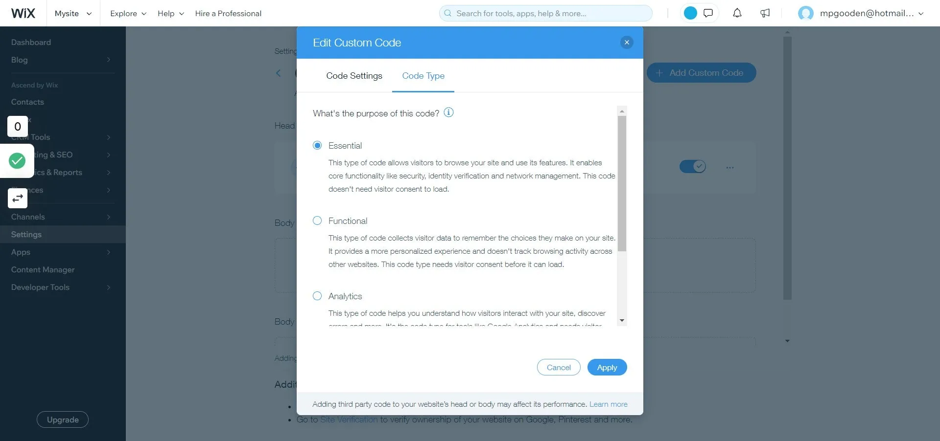 Custom Code:  Select Code Type 