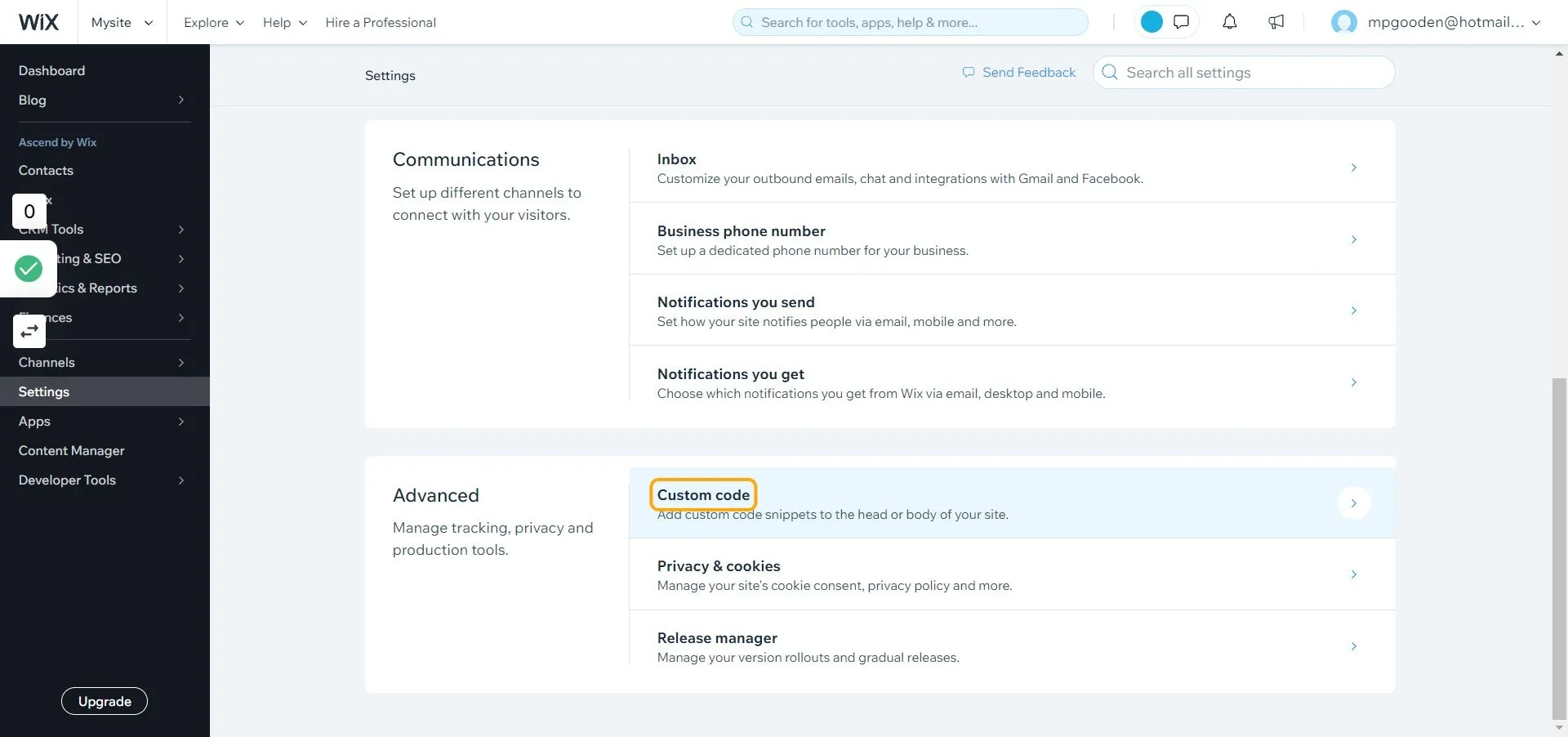 Go To the Wix Dashboard - Settings
