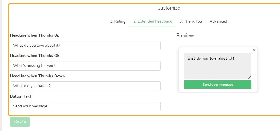 Customize: Extended feedback tab - Thumbs rating type
