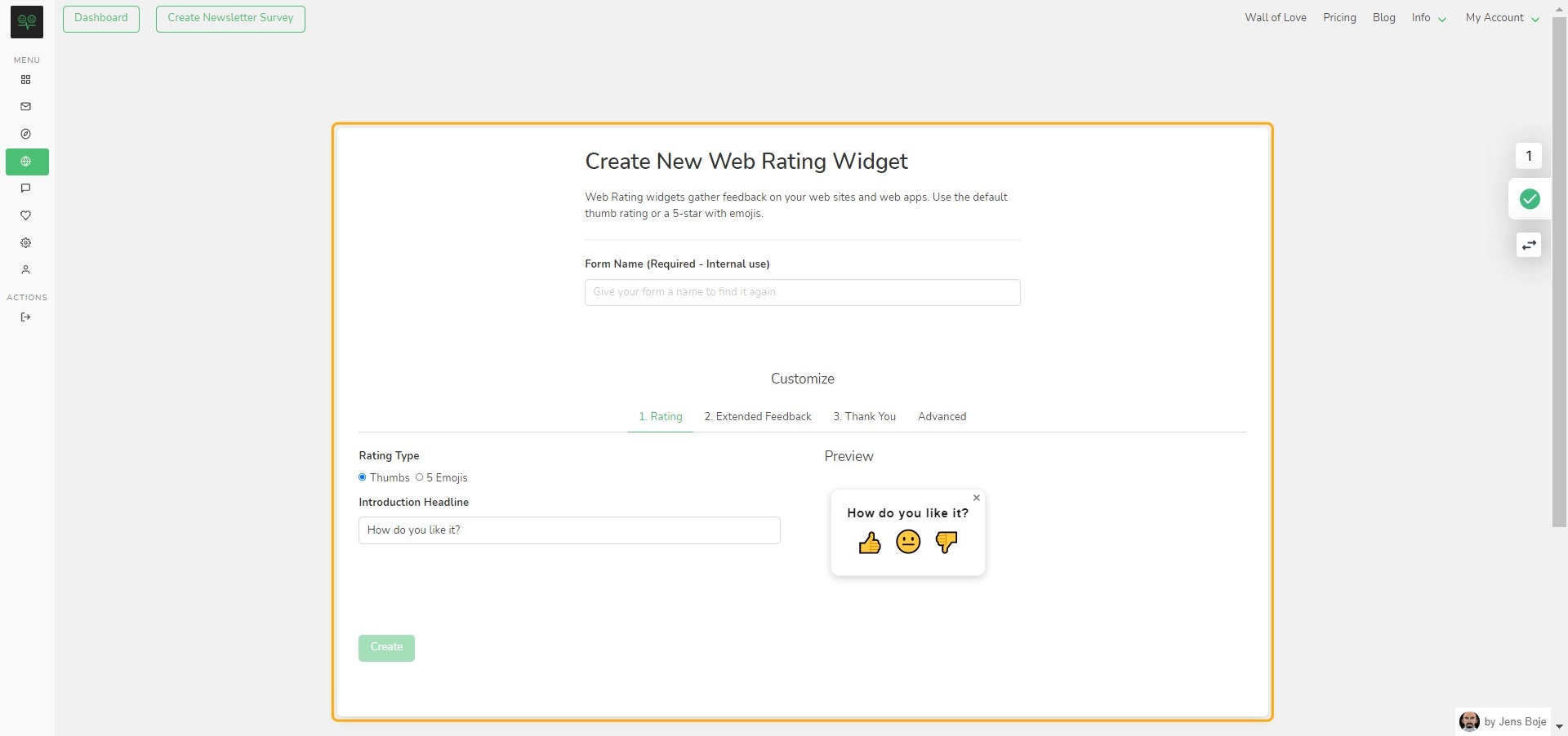Create New Web Rating Widget window